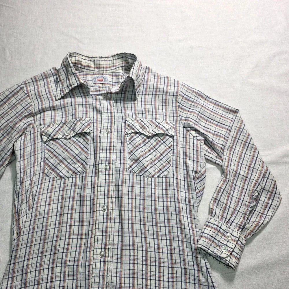 Vtg 70s Levi's Shirt Mens Medium Plaid Long Sleeve Button‎ Down Western Disco